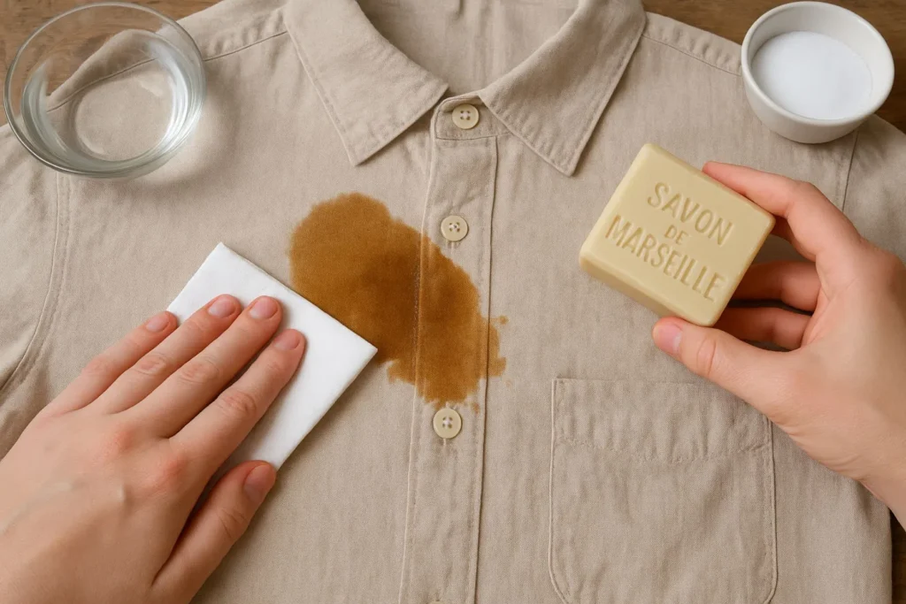 Traiter la tache rapidement avec du papier absorbant et du savon de marseille